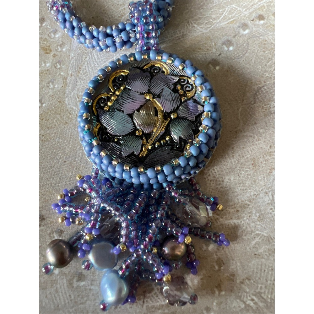 Handmade Bead Embroidery Floral Czech Glass Button Focal Pendant Rope Necklace